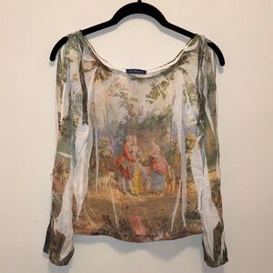 Le Donne Women's Sheer Long Sleeve Rococo Style Scenic Print Blouse
